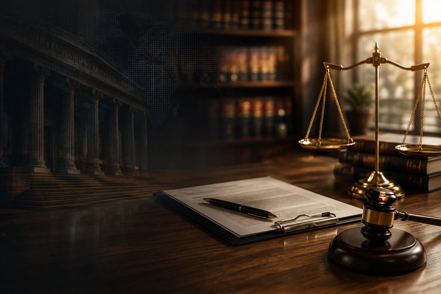 Advocate's desk with the scales of justice and a courthouse