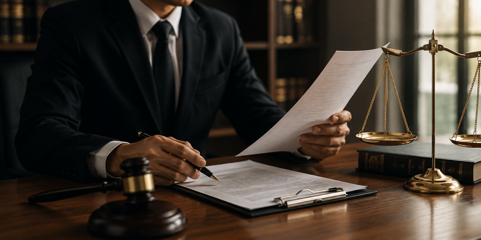 Advocate reviewing legal paperwork beside the scales of justice